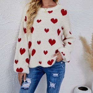 Heart Print Fuzzy Crewneck Long Sleeve Sweater (White And Red)